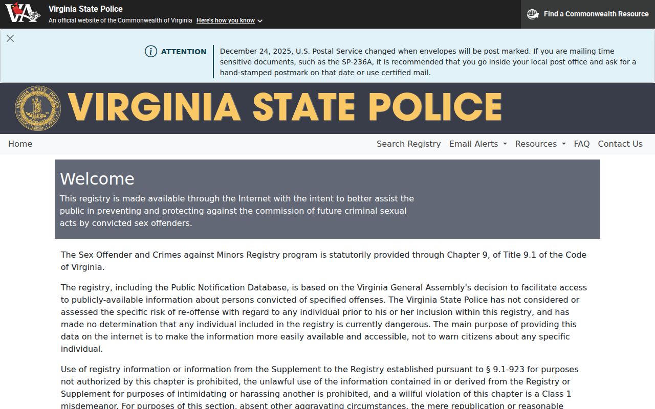 Bedford County release mugshot limited Virginia State Police registry search