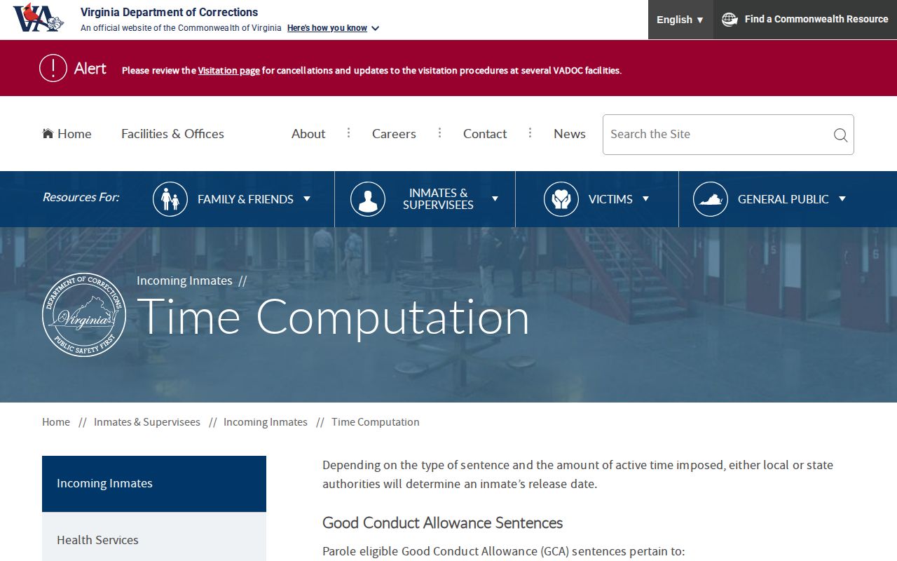 Bedford County projected release date credit factors on VADOC Time Computation